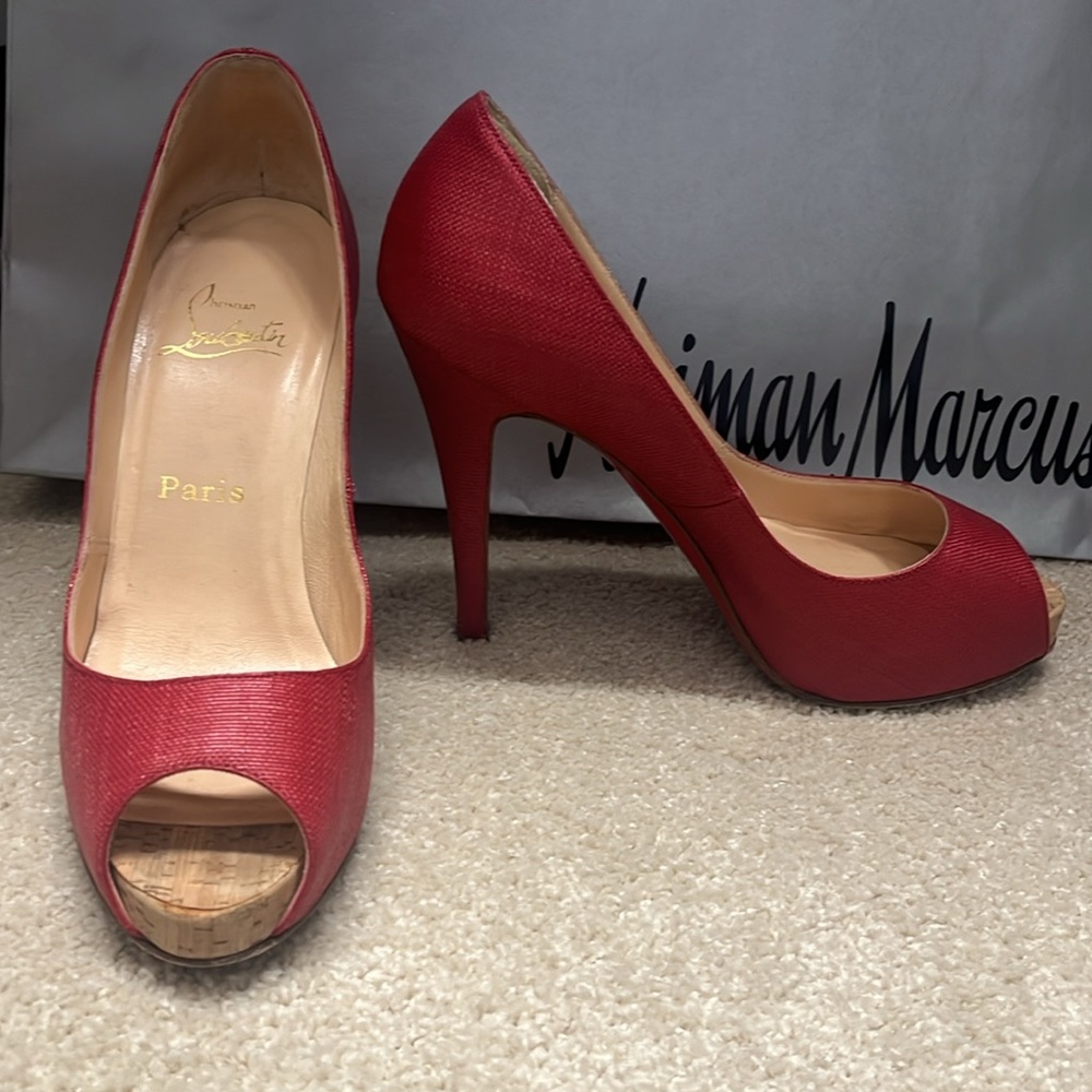 Christian Louboutin peep toe platform heels with cork at toe & red leather 37.5